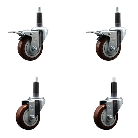 Service Caster 3.5'' SS Maroon Poly Swivel 1'' Expanding Stem Caster Set 2 Total Lock Brakes, 4PK SCC-SSEXTTL20S3514-PPUB-MRN-2-S-2-1